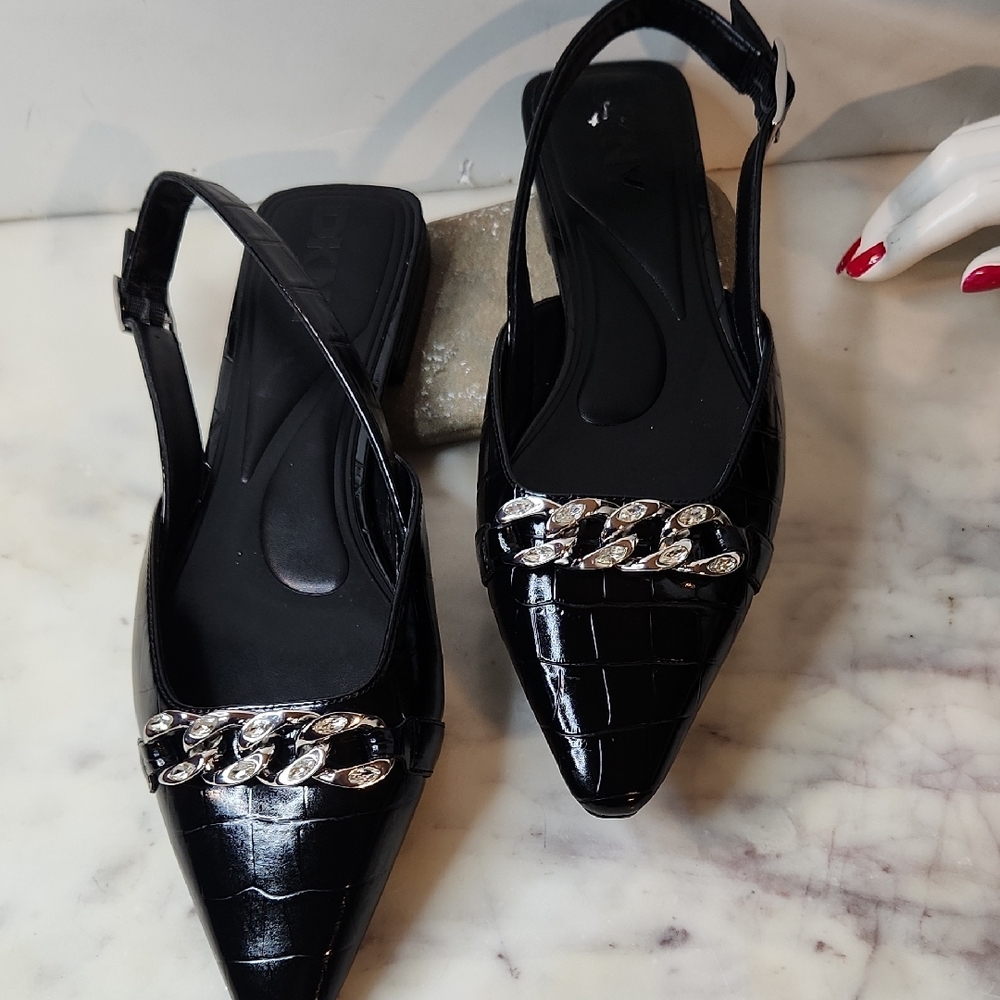 DKNYC Black Faux Croc Slingback Flats with Silver Link Rhinestones Accents Sz9
